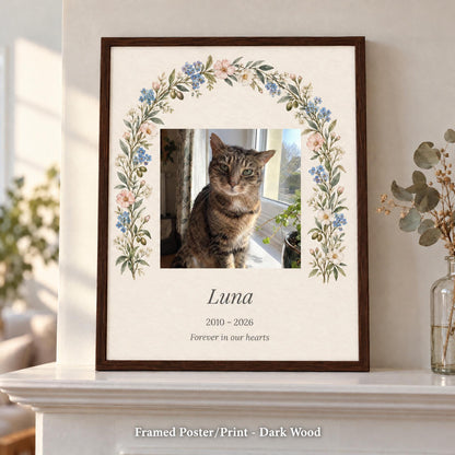 Pet loss gift in a dark wood frame with a cat photo, name and years, standing on a white mantel