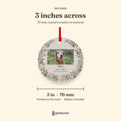 Size guide: the round ceramic pet memorial ornament is 3 inches, 76 mm, across, printed on the front, ribbon included