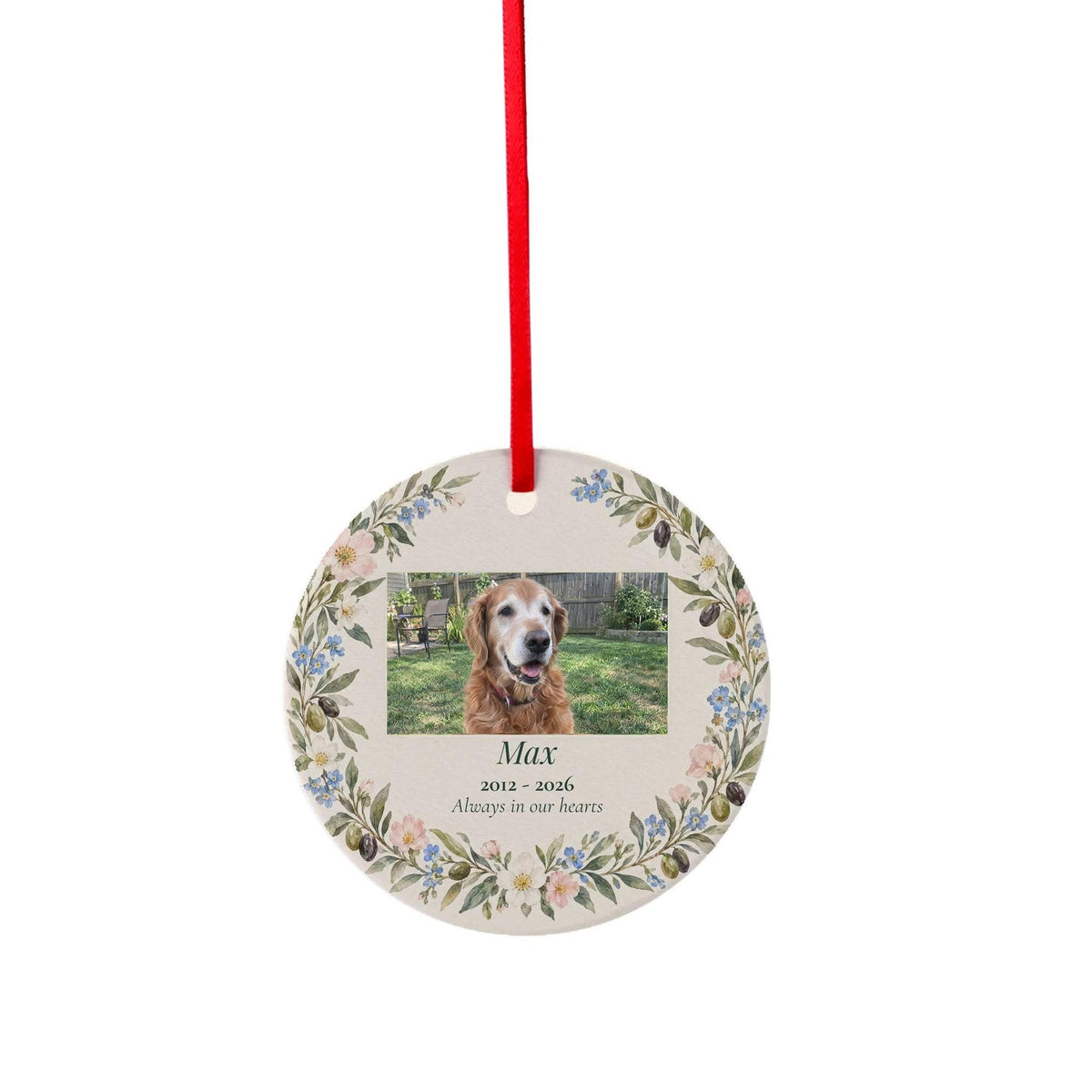 Ceramic ornament preview of the Pet Memorial Photo Ornament on a plain background