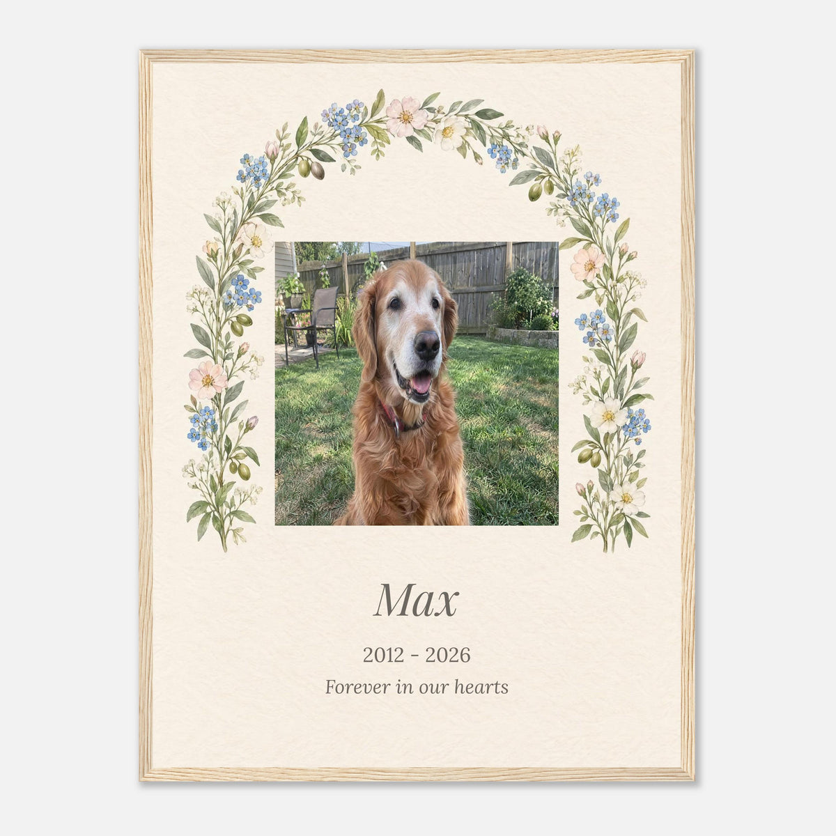 Framed pet memorial print in natural wood with a dog photo, name and years, a real product preview on a plain background