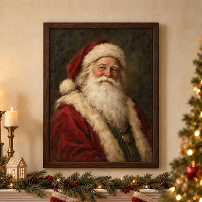 Vintage Santa portrait in a dark wood frame above a Christmas mantel with garland, candles and a lit tree