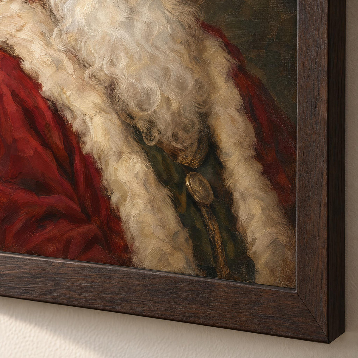 Close-up of the dark wood frame corner and the painted fur trim and brass clasp on matte paper, no mat