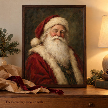 Framed Santa painting print propped on a dresser with kraft paper and a velvet ribbon: The Santa they grew up with