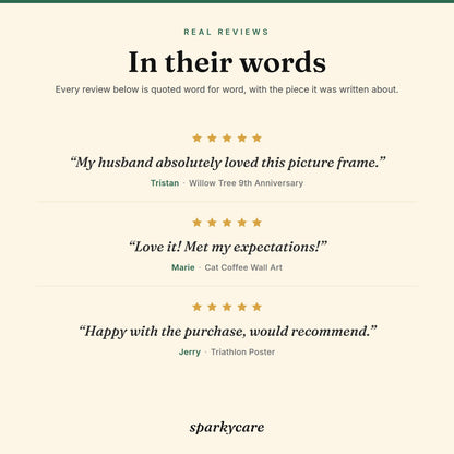 Real five-star Sparkycare reviews, quoted word for word: Tristan, Marie and Jerry on their pieces.