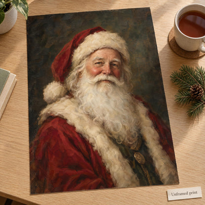Unframed vintage Santa print lying flat on an oak desk beside a mug of tea, shown without a frame