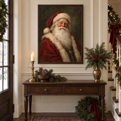 Framed vintage Santa print on a panelled entry hall wall above a console with a candlestick and pinecones