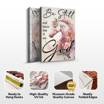 Psalm 46:10 Be Still Pink Floral Horse canvas front and side, with text: Ready to Hang Hooks, High-Quality UV Ink, Museum-Grade Quality Canvas, Neatly Folded Edges