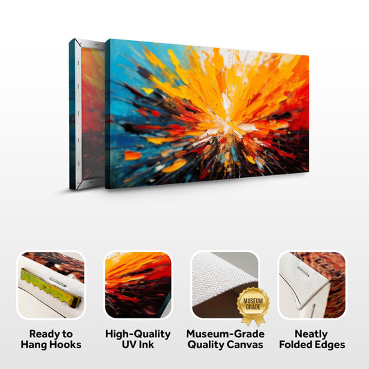 Orange color burst canvas front and side, with text: Ready to Hang Hooks, High-Quality UV Ink, Museum-Grade Quality Canvas, Neatly Folded Edges