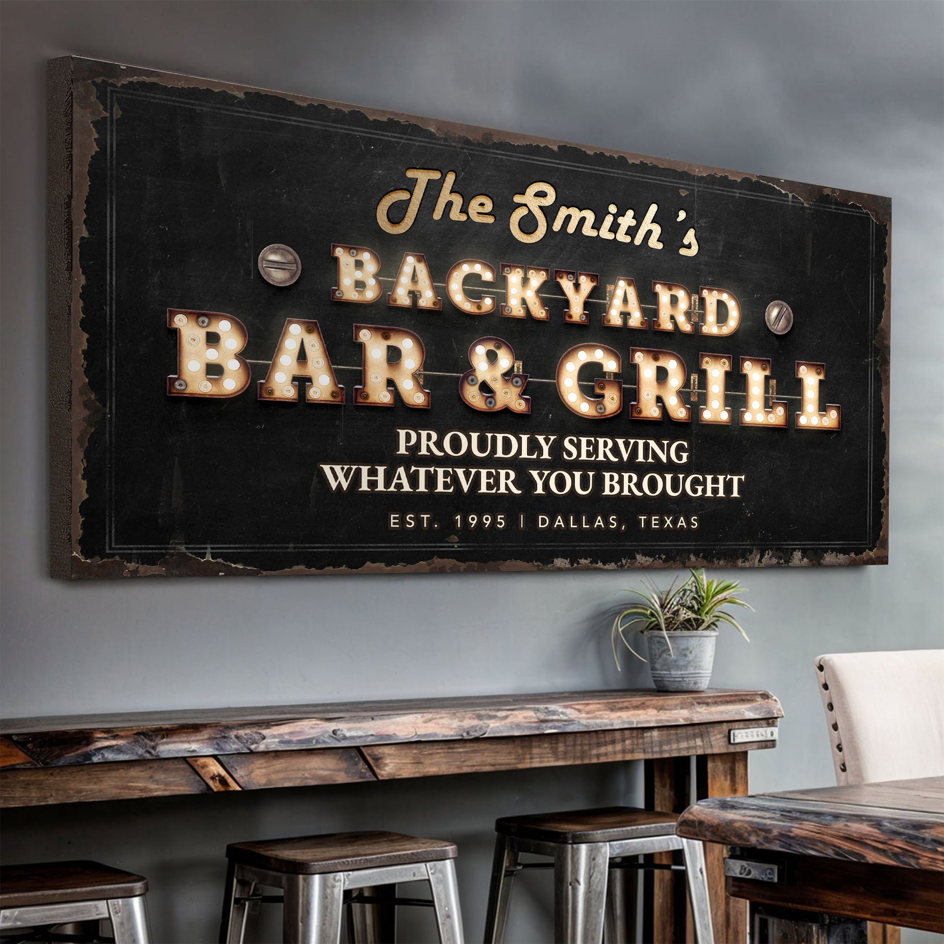Backyard bar and grill canvas sign outdoor decor
