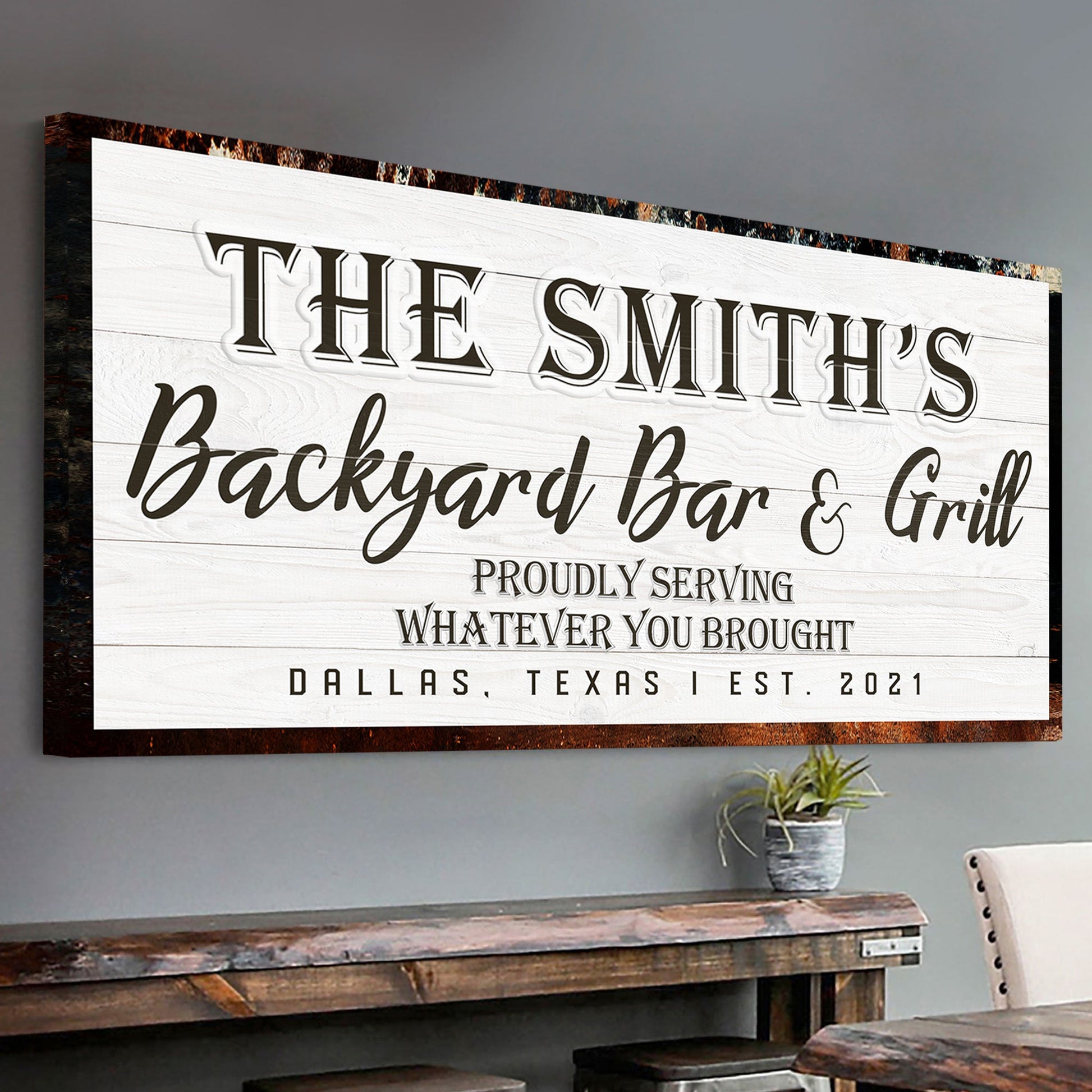 Backyard bar and grill canvas sign rustic charm