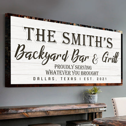Backyard bar and grill canvas sign rustic charm