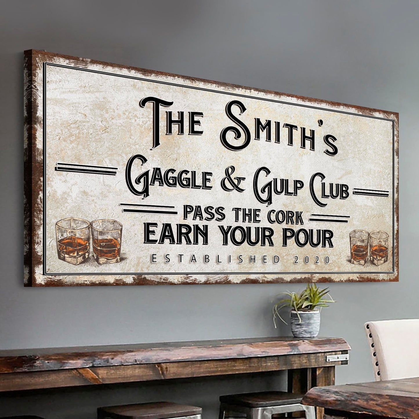 Gaggle and Gulp Club vintage bar canvas wall art sign with retro styling, gallery-wrapped