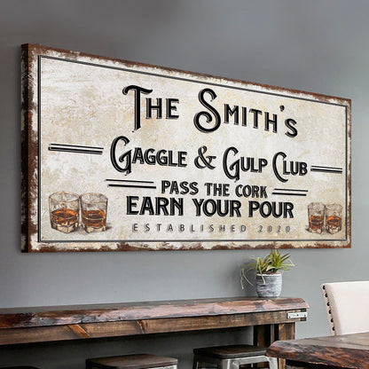 Gaggle and Gulp Club vintage bar canvas wall art sign with retro styling, gallery-wrapped