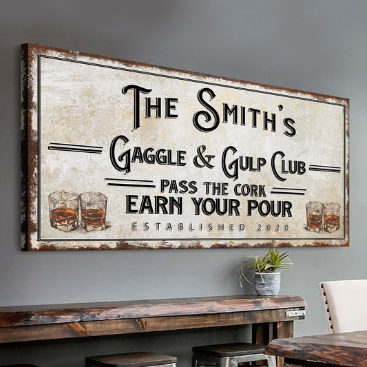 Gaggle and Gulp Club vintage bar canvas wall art sign with retro styling, gallery-wrapped