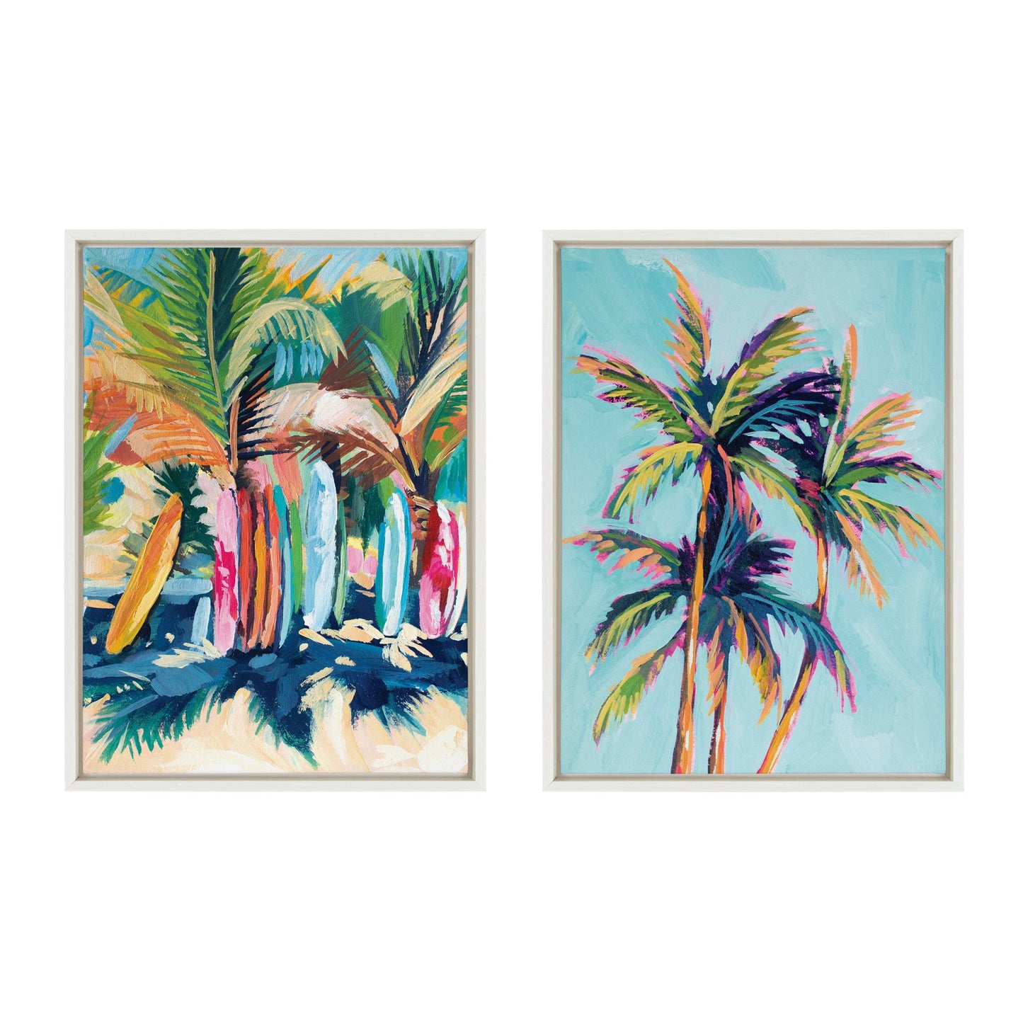Surf and sand tropical palms framed canvas wall art set in coastal tones, ready to hang