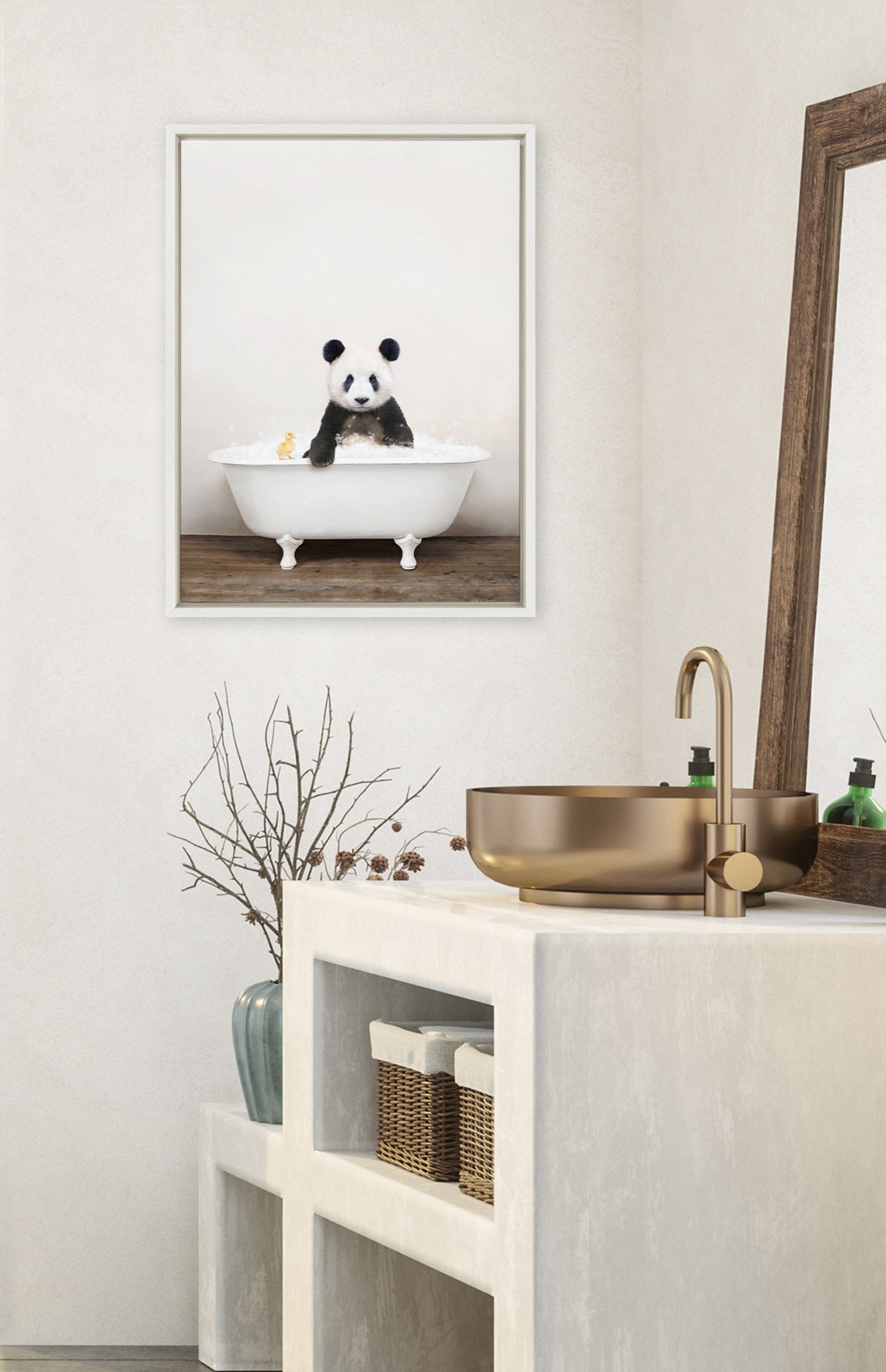 Sylvie Panda Waving in Rustic Bath Framed Canvas by Amy Peterson Art Studio