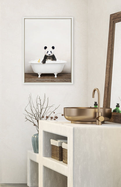 Panda Waving in Rustic Bath Framed Canvas Wall Art