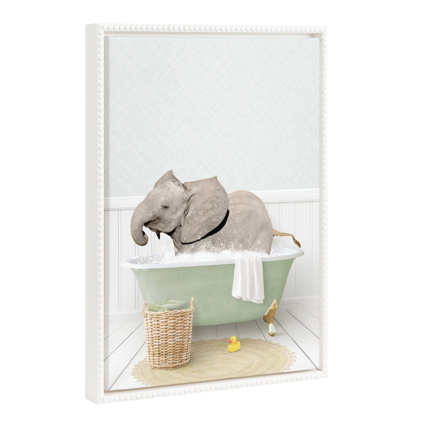 Baby Elephant Side in Cottage Bath Framed Canvas Wall Art
