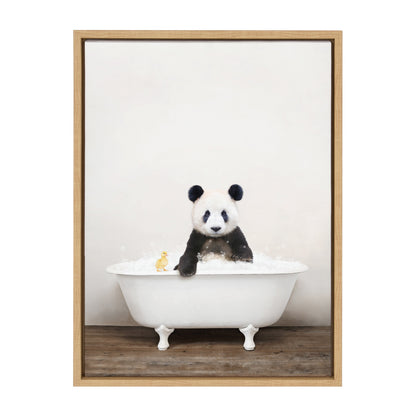 Panda Waving in Rustic Bath Framed Canvas Wall Art
