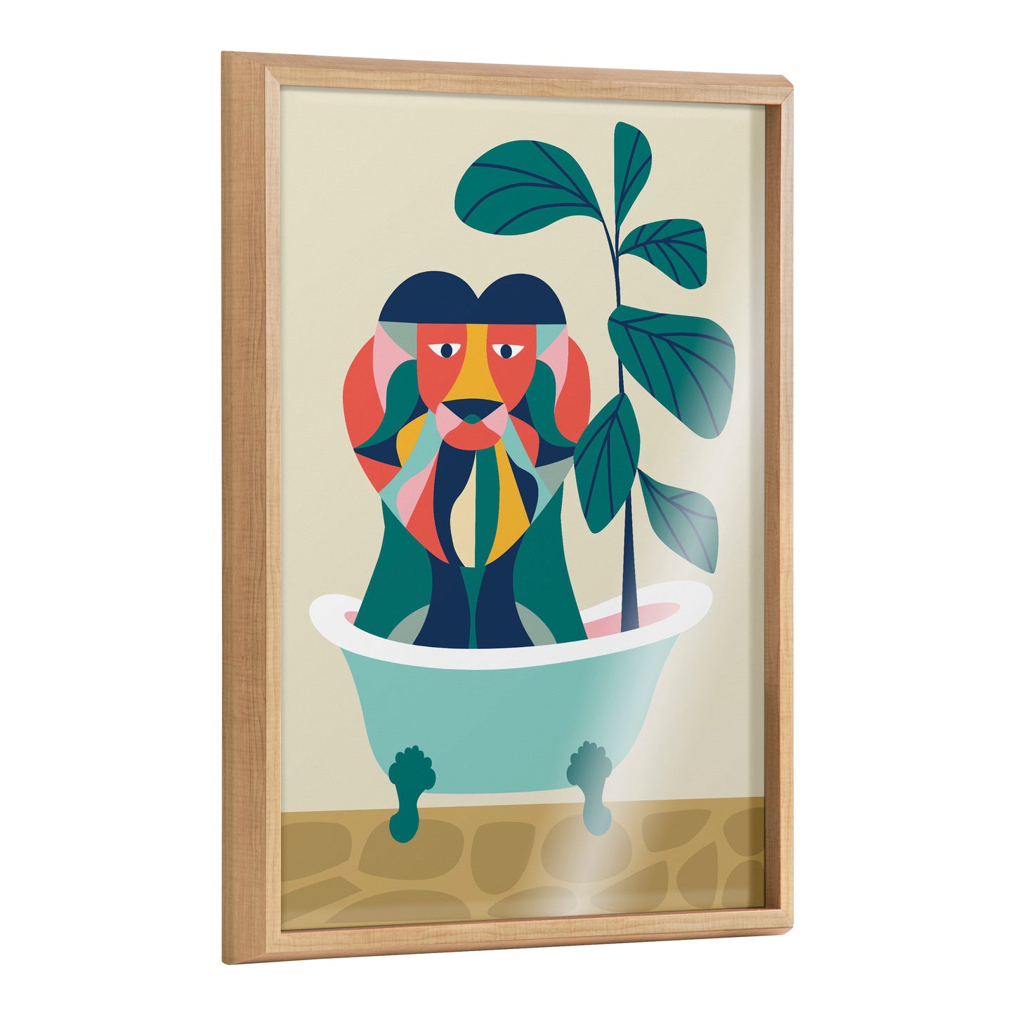 Mid Century Modern Lion in Bathtub Framed Glass Wall Art