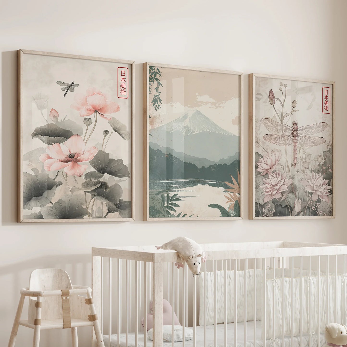Japandi Botanical Wall Art, Floral and Mountain Set of 3