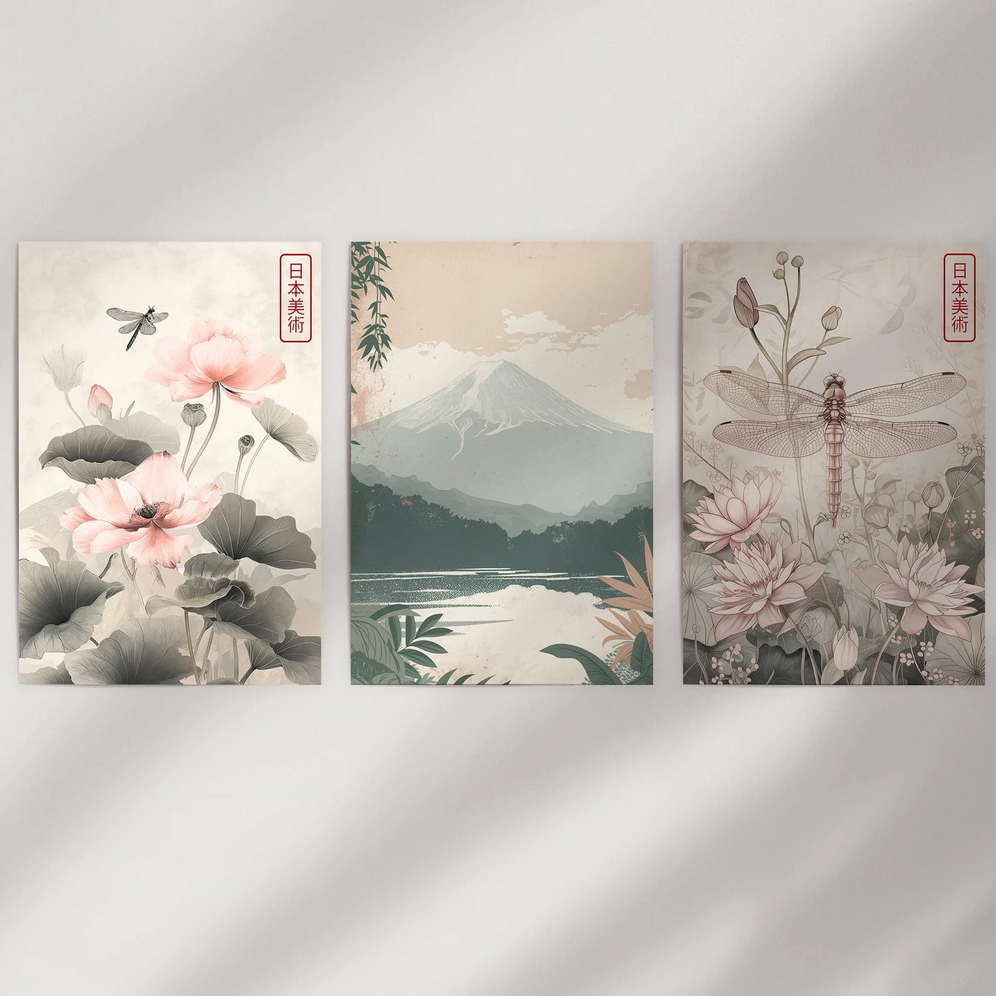 Japandi Botanical Wall Art, Floral and Mountain Set of 3