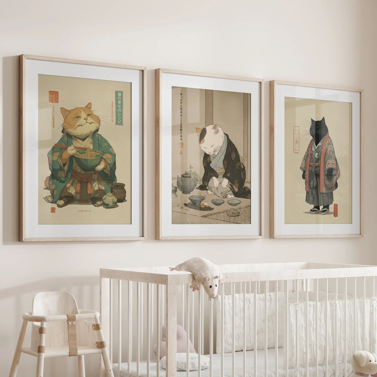 Japanese Ukiyo-e Cat Wall Art, Tea Ceremony Set of 3