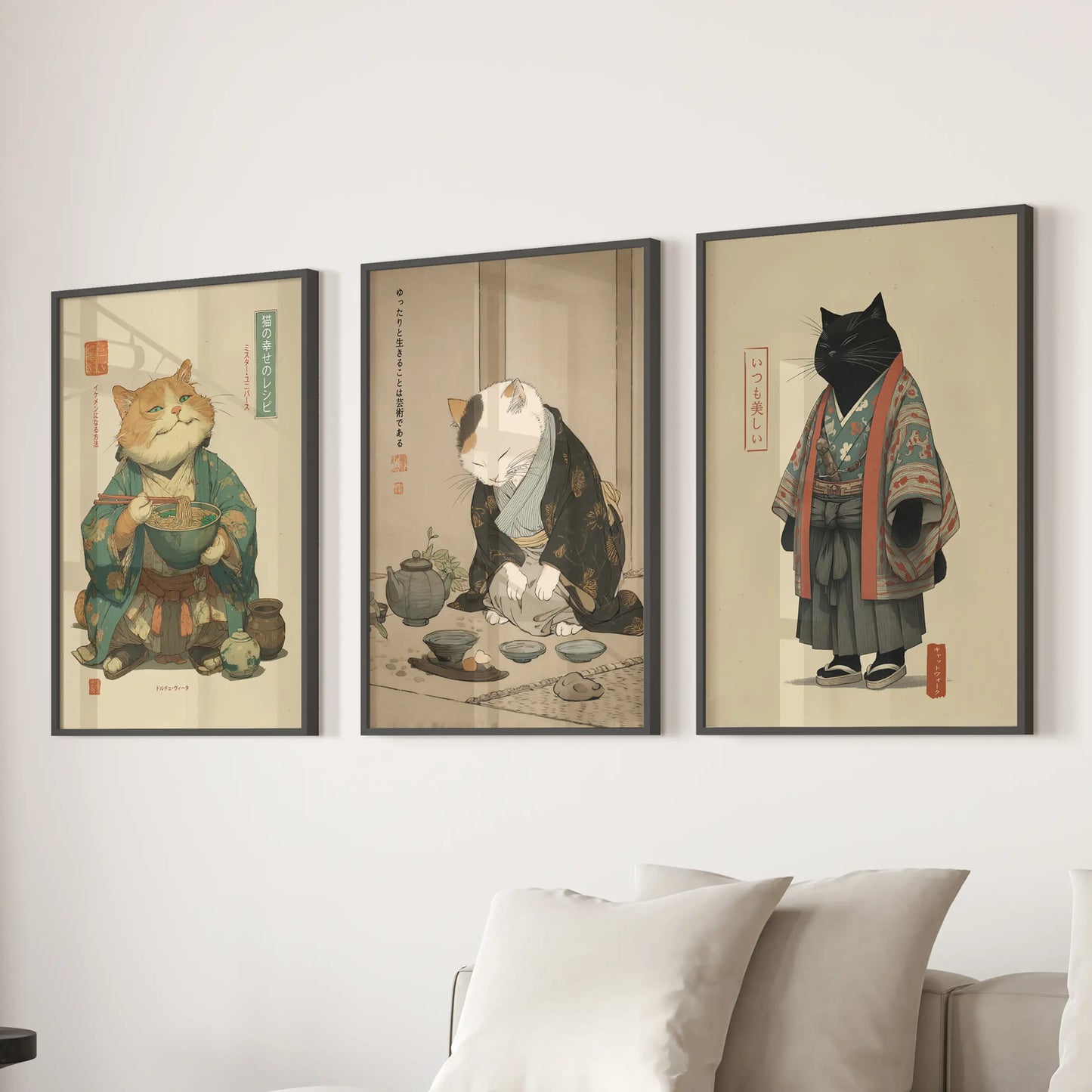 Japanese Ukiyo-e Cat Wall Art, Tea Ceremony Set of 3