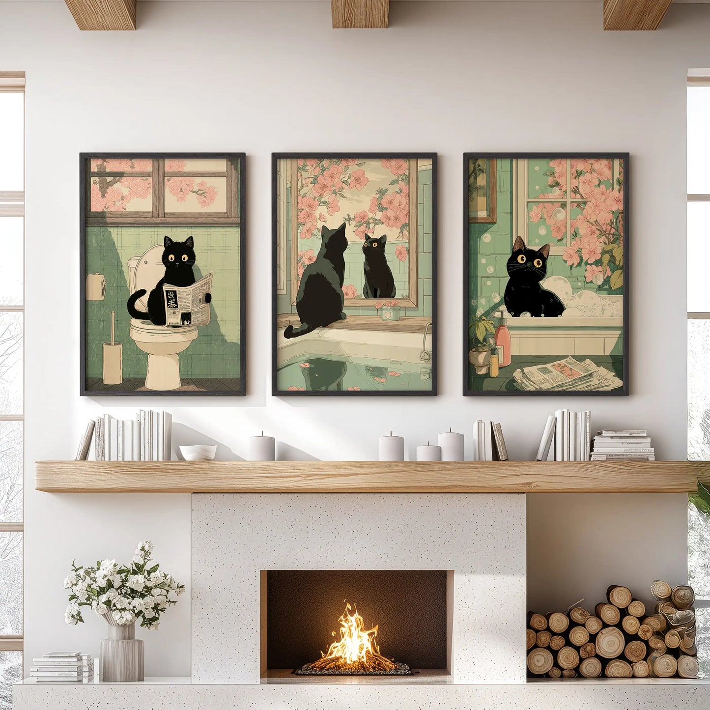 Funny Japanese Cat Bathroom Wall Art Set of 3