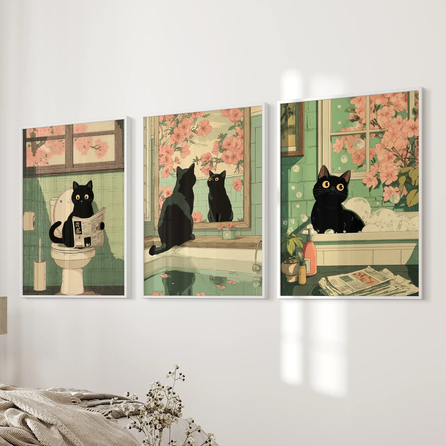 Funny Japanese Cat Bathroom Wall Art Set of 3