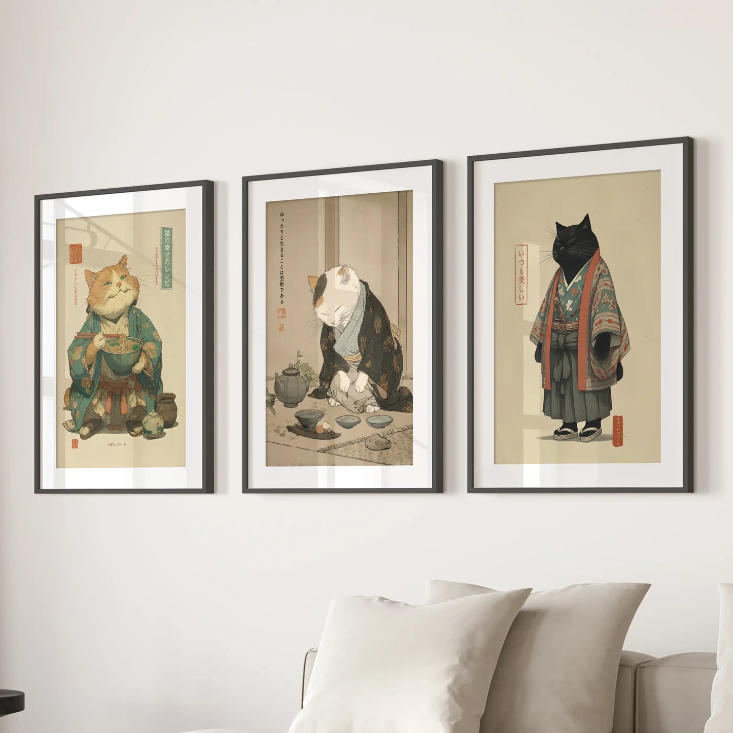 Japanese Ukiyo-e Cat Wall Art, Tea Ceremony Set of 3
