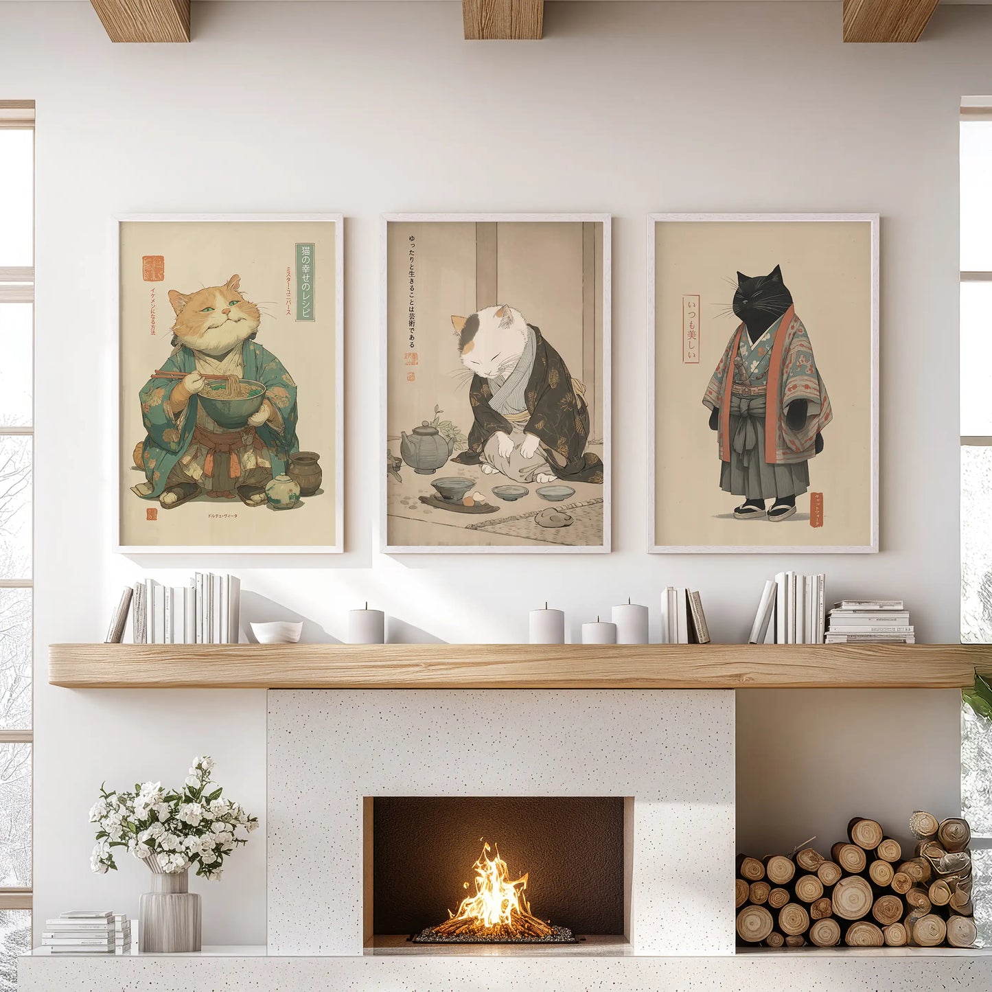 Japanese Ukiyo-e Cat Wall Art, Tea Ceremony Set of 3
