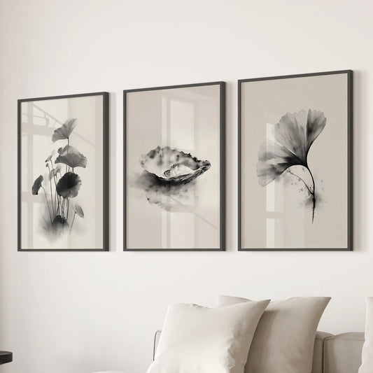 Japanese black and white flower botanical wall art set of 3 prints