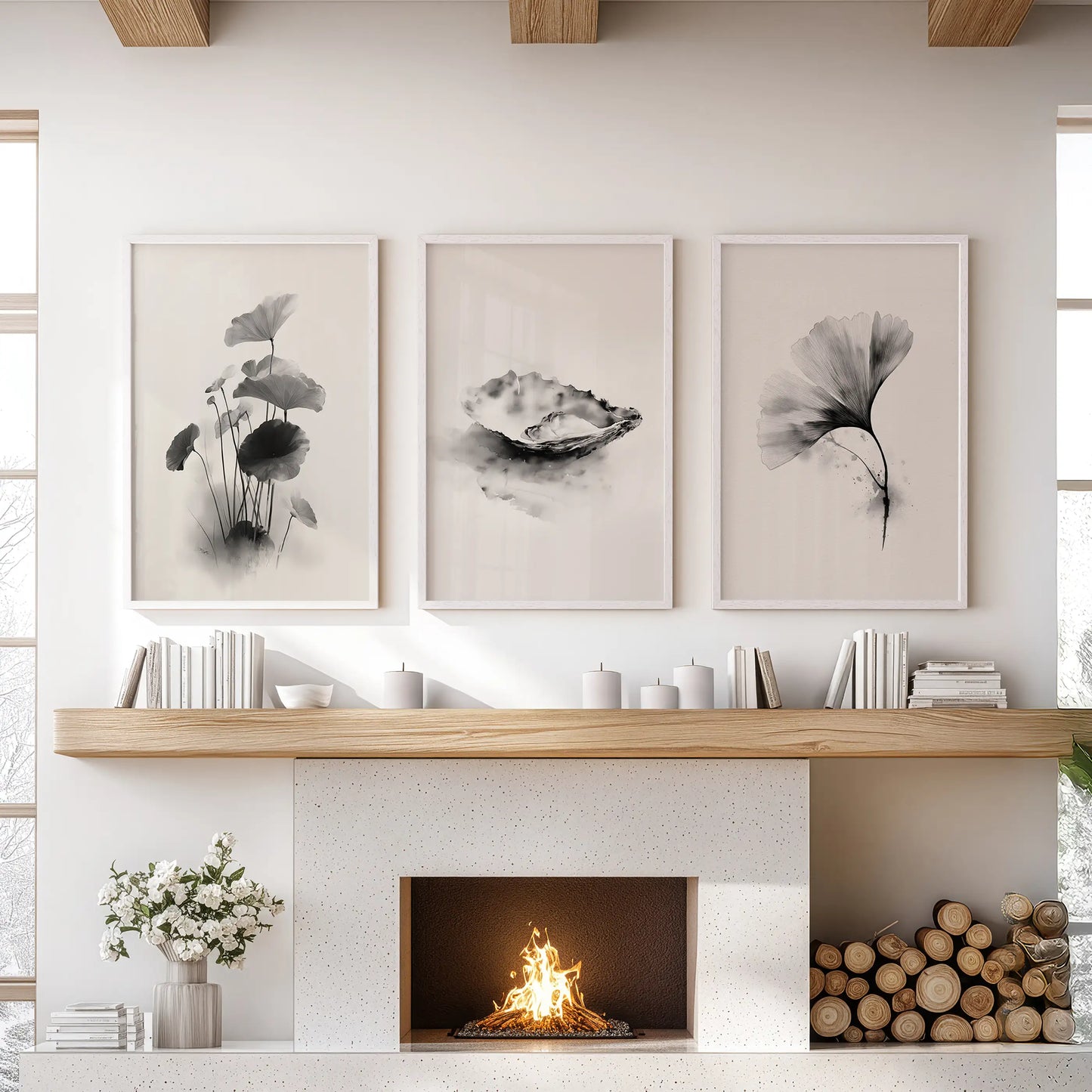 Japanese Botanical Wall Art Set of 3 Black and White Flowers