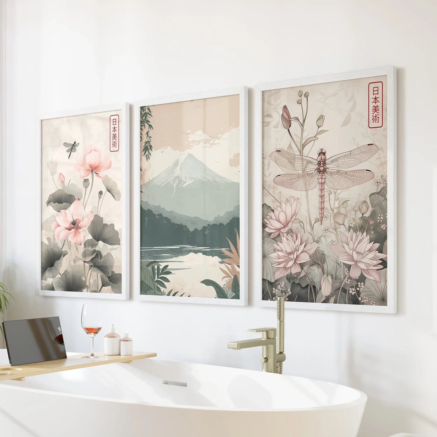 Japandi Botanical Wall Art, Floral and Mountain Set of 3