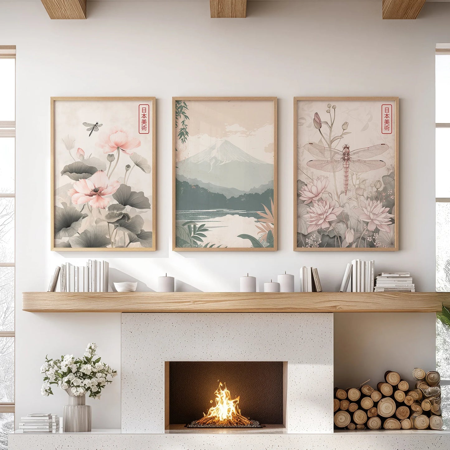Japandi Botanical Wall Art, Floral and Mountain Set of 3