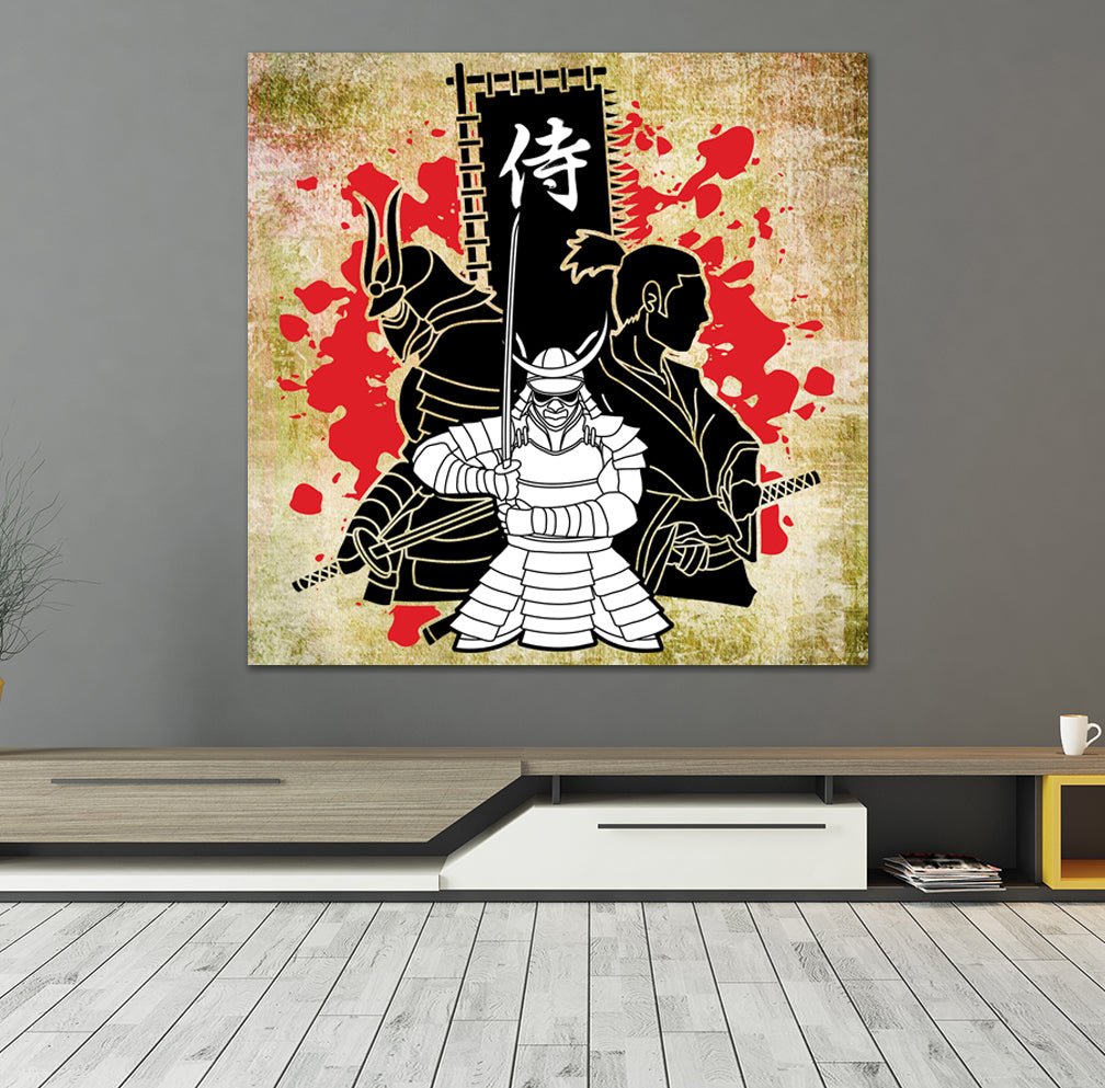 Japanese Samurai canvas wall art with Japanese flag backdrop