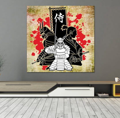 Japanese Samurai canvas wall art with Japanese flag backdrop