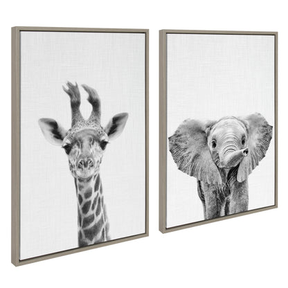 Baby Giraffe and Elephant Framed Canvas Art Set