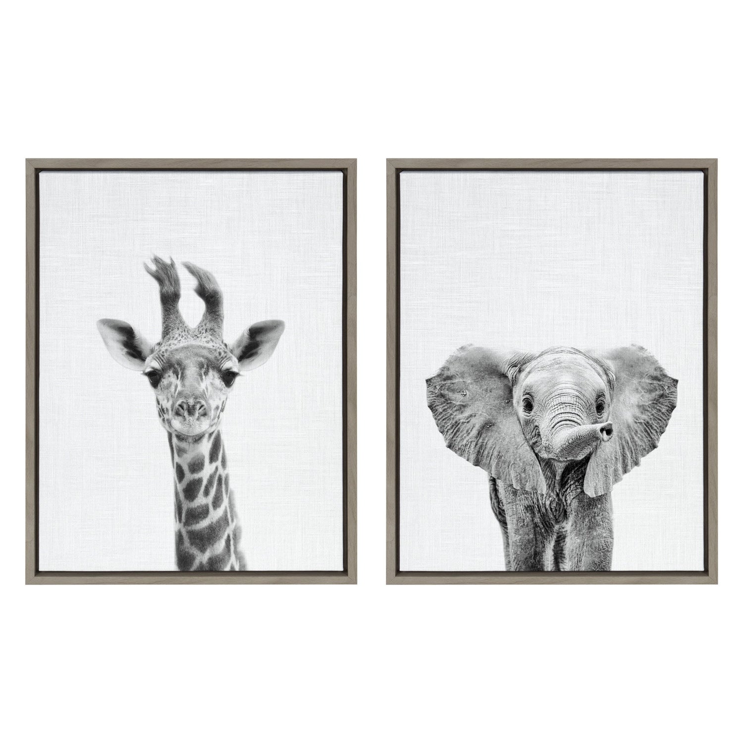 Baby giraffe and elephant two-piece framed canvas art set for a nursery