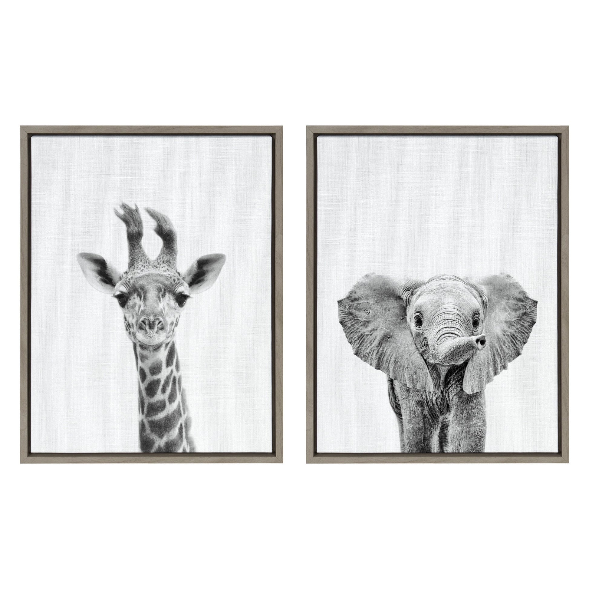 Baby giraffe and elephant two-piece framed canvas art set for a nursery