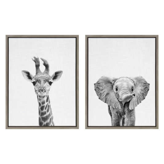 Baby giraffe and elephant two-piece framed canvas art set for a nursery