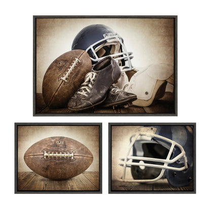 Vintage football, gear, and helmet framed canvas art set, easy to hang