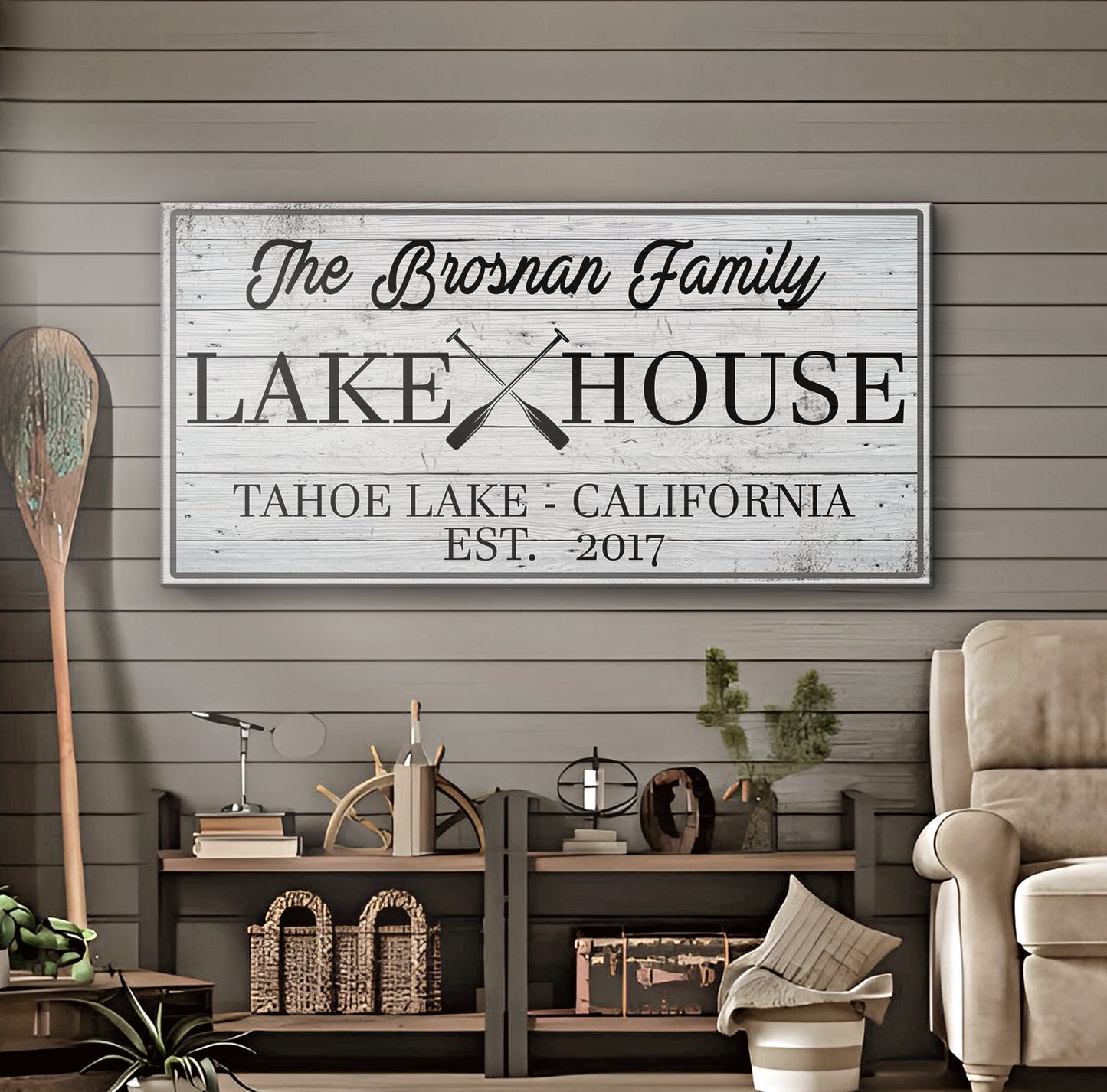Family Lake House Paddle Sign Personalized Canvas Wall Art