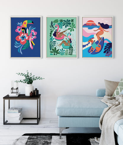 Mid Century Modern Surf Dog Framed Canvas Wall Art