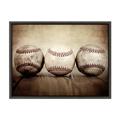 Three vintage baseballs framed canvas wall art in gray frame, easy to hang