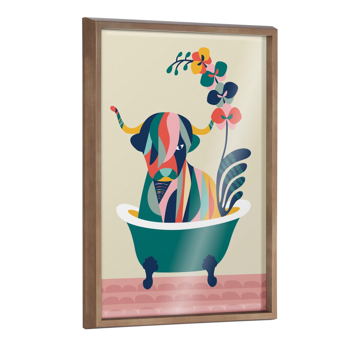 Mid century modern cow in bathtub framed glass wall art, funny bathroom decor