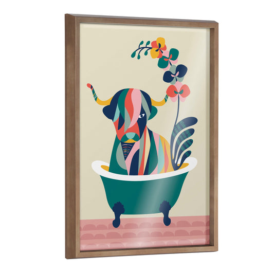 Mid century modern cow in bathtub framed glass wall art, funny bathroom decor