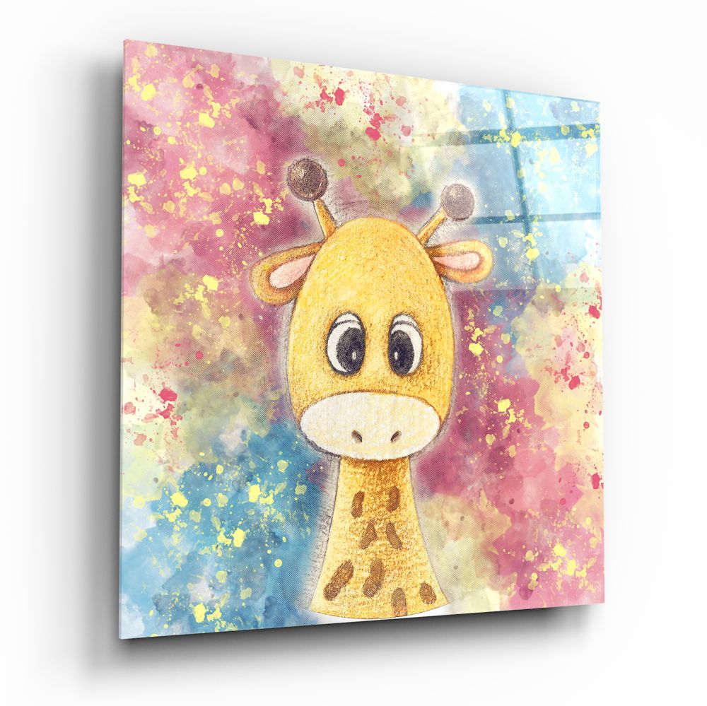Cute baby giraffe watercolor glass wall art with polished finish