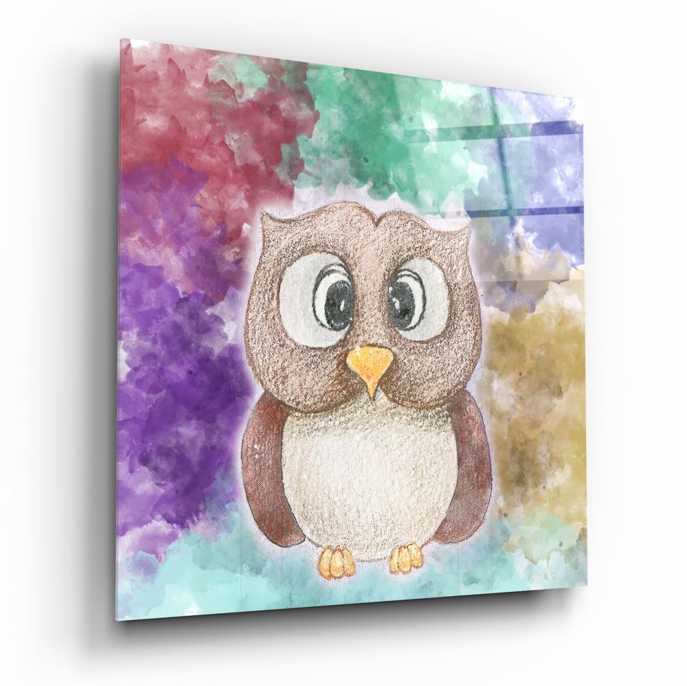 Cute cartoon owl watercolor glass wall art with polished finish
